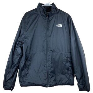 The North Face Men Sz L Black Medium Weight Jacket White Logo Pockets Bomber